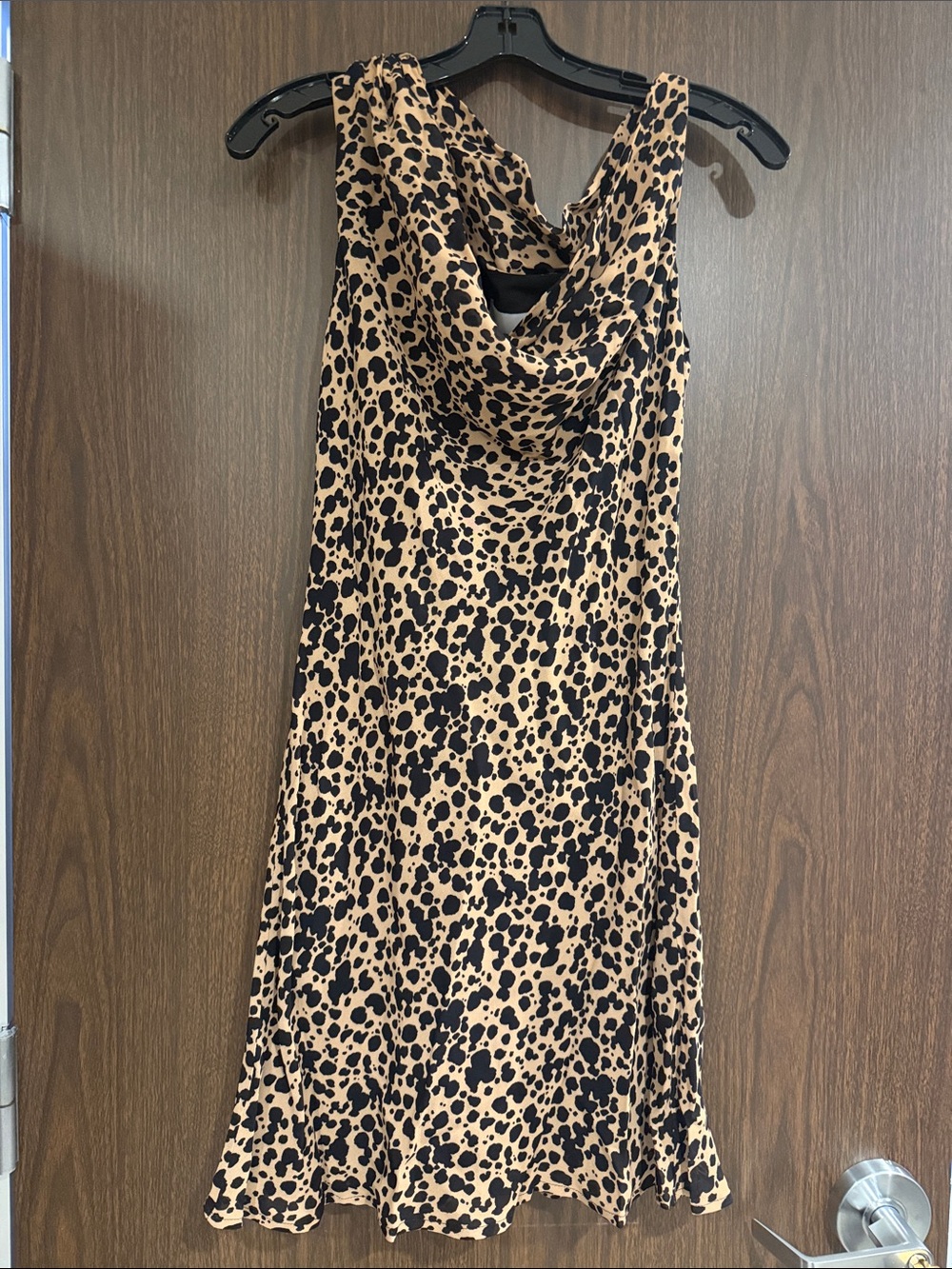 Reformation Sleeveless Cowl Neck Leopard Midi Dress in Tan and Black